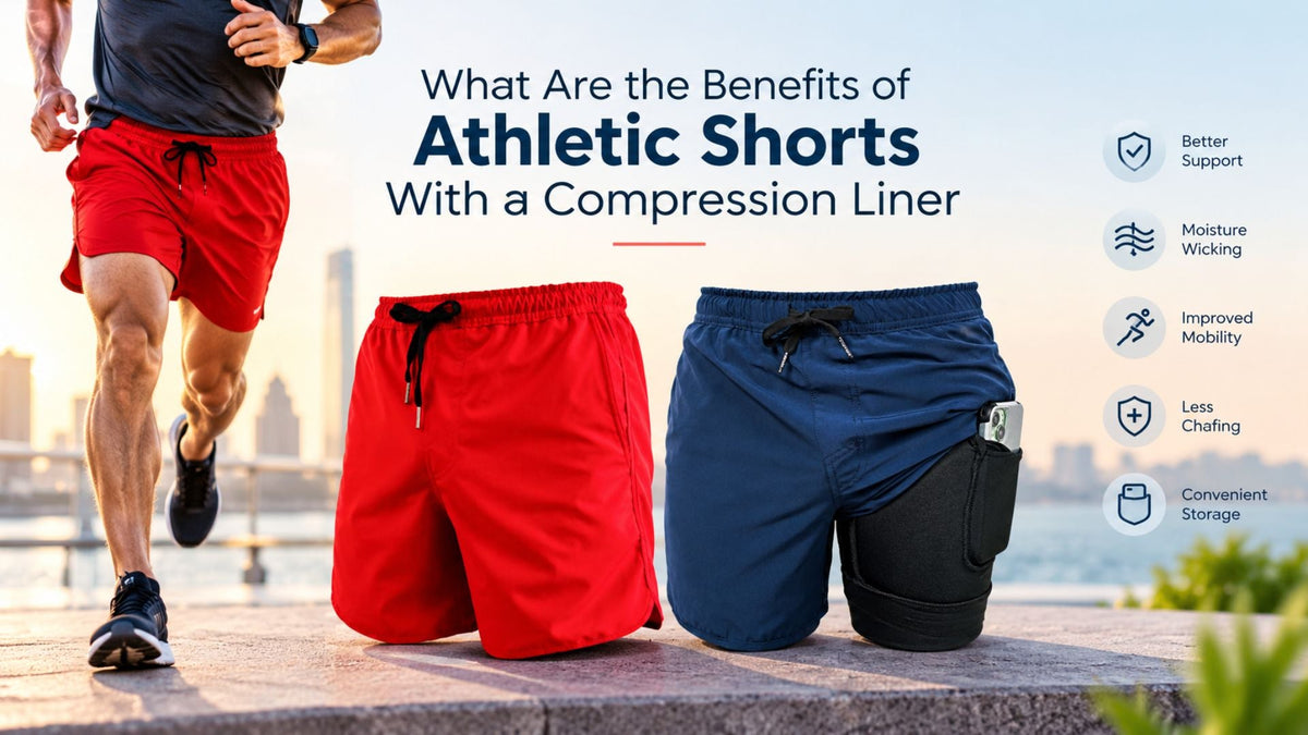 Athletic shorts with compression liner in red and navy designs for improved support and mobility