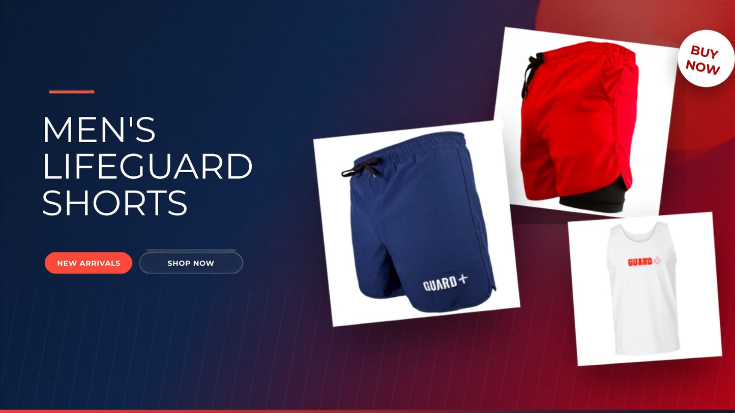 Navy and red GUARD+ lifeguard shorts with matching tank top — Men's Lifeguard Shorts collection banner