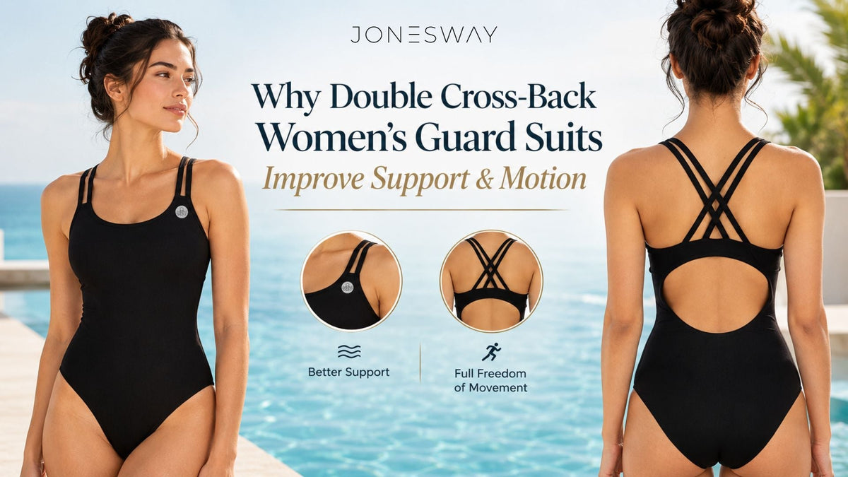 Black double cross-back women’s guard suit showing front and back views for support and freedom of movement
