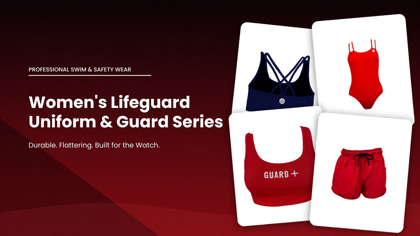Women's Lifeguard Uniform and Guard Suit collection — navy sports bra, red one-piece swimsuit, GUARD+ sports bra, and red running shorts on a red background