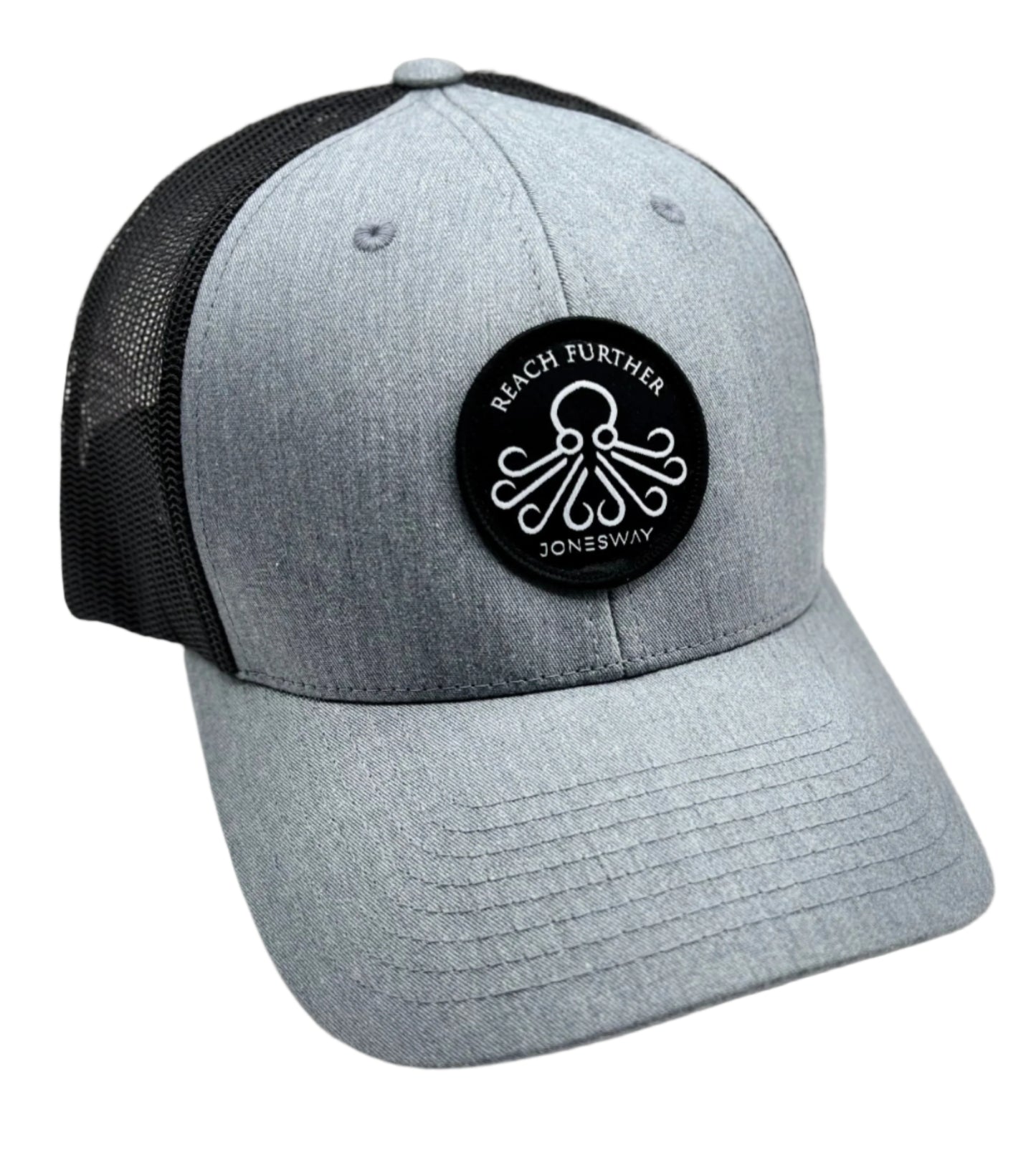 Jonesway snapback hat with grey front and black back mesh. Featuring the iconic Pulpo logo on the black patch. 
