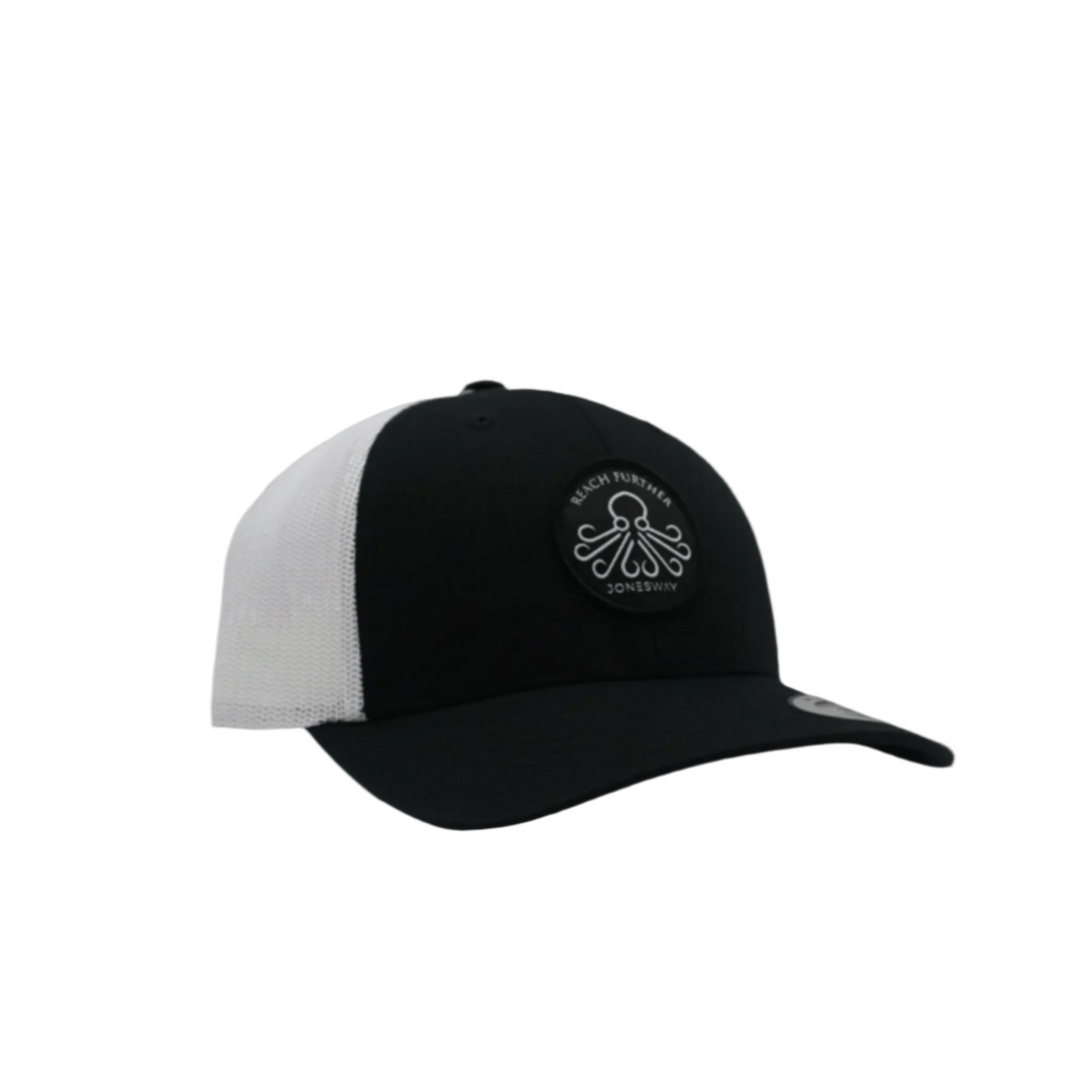 A black and white mesh snapback hat with a black patch featuring an octopus design on the front.